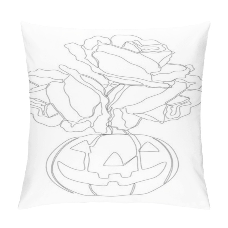 Personality  One Continuous Line Of Jack O' Lantern With Rose Flowers. Thin Line Illustration Vector Concept. Contour Drawing Creative Ideas. Pillow Covers