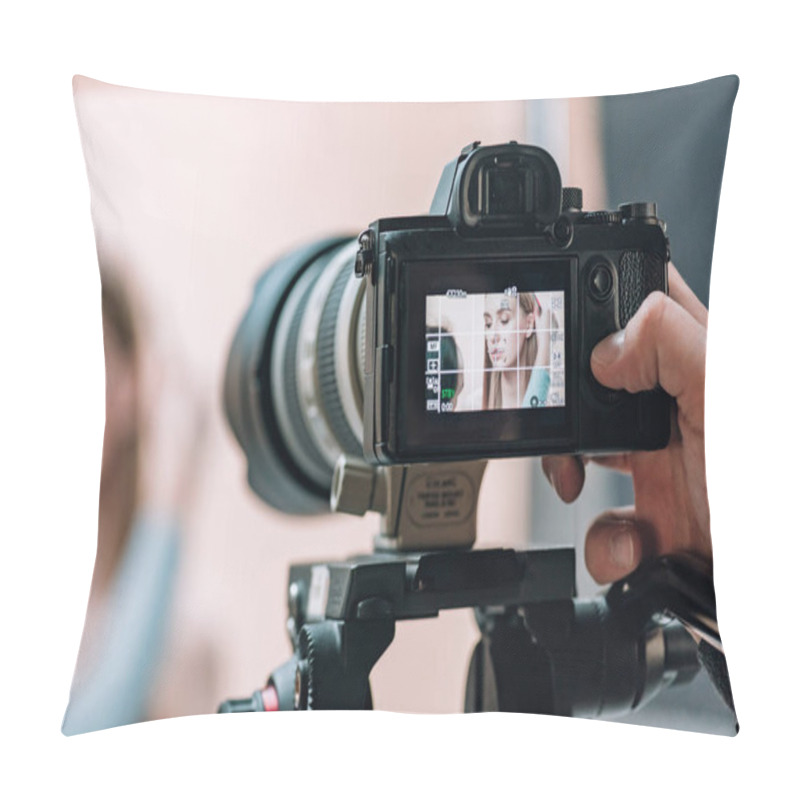 Personality  Selective Focus Of Beautiful Model On Camera Display In Photo Studio Pillow Covers