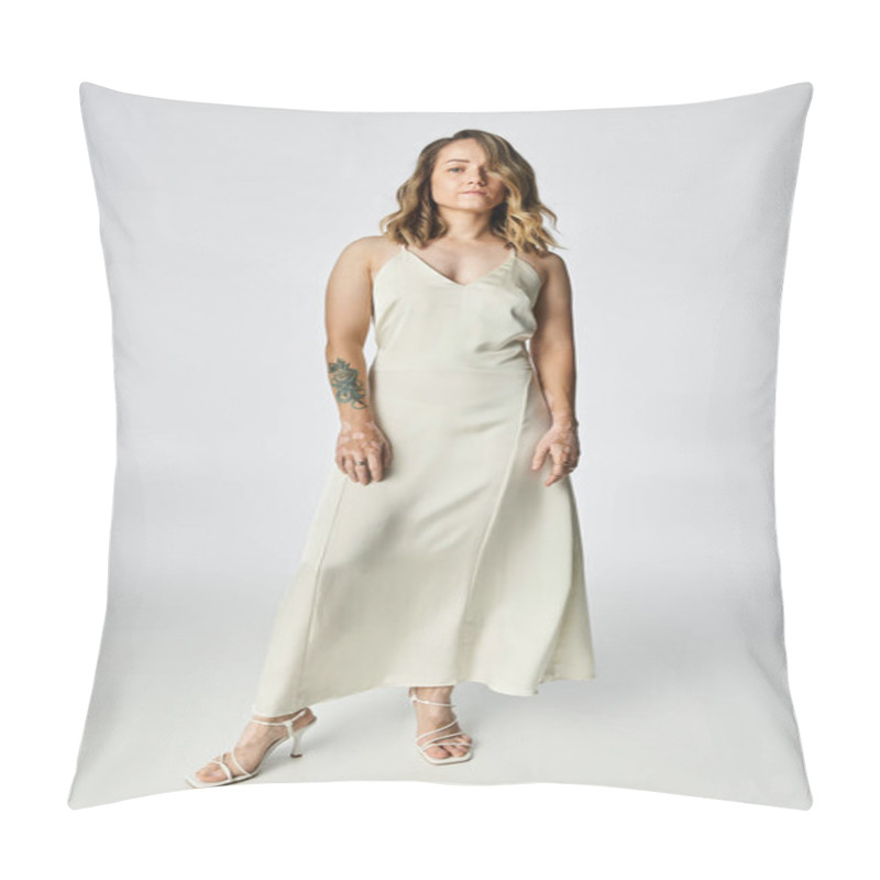 Personality  Young Woman With Vitiligo Showcases Beauty And Confidence While Wearing A Stylish Dress. Pillow Covers