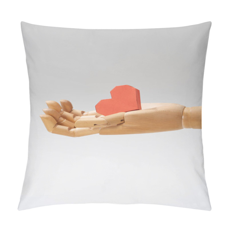 Personality  Hand Of Wooden Puppet With Heart Shaped Paper Isolated On Grey Pillow Covers