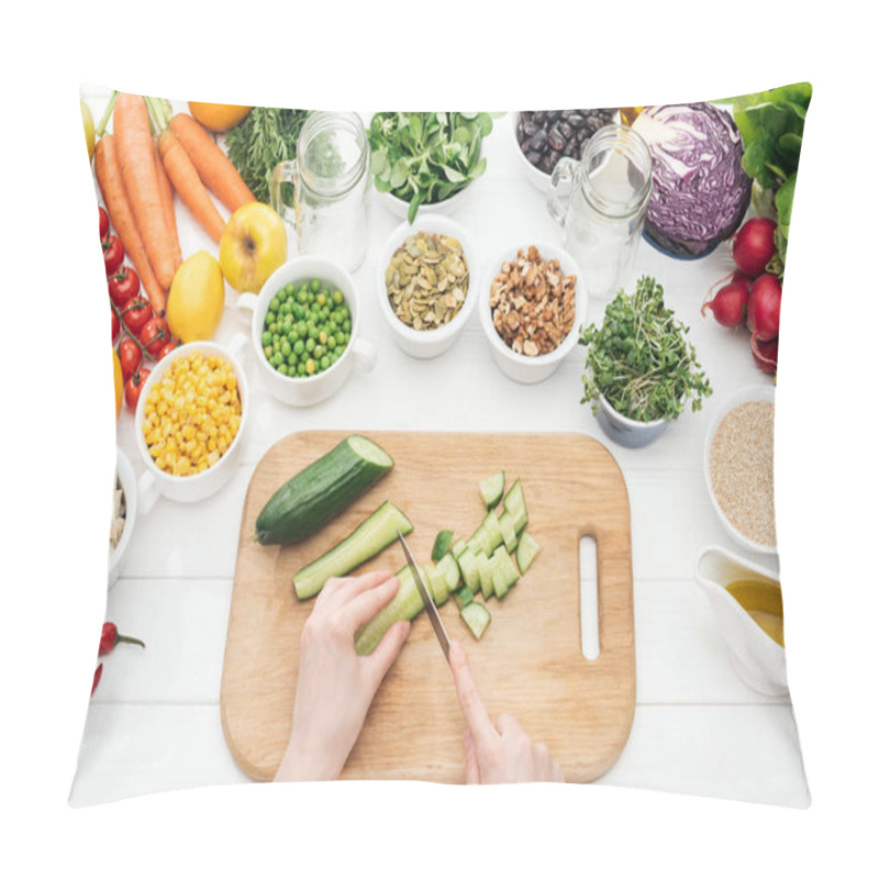 Personality  Cropped View Of Woman Chopping Cucumber On Wooden White Table Pillow Covers