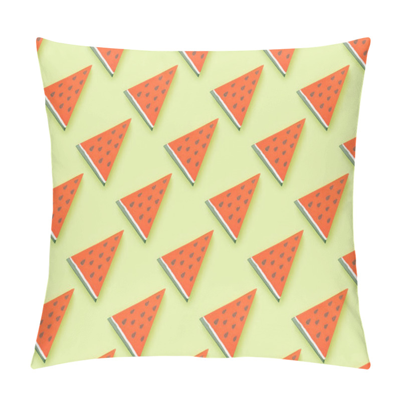 Personality  Top View Of Pattern With Handmade Red Paper Watermelon Slices Isolated On Green Pillow Covers