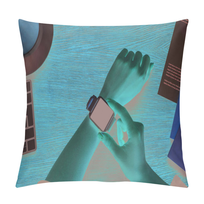 Personality  Cropped View Of Girl Using Smartwatch With Blank Screen On Wooden Background Pillow Covers