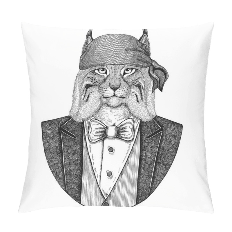 Personality  Wild Cat Lynx Bobcat Trot Wild Biker, Pirate Animal Wearing Bandana Hand Drawn Image For Tattoo, Emblem, Badge, Logo, Patch, T-shirt Pillow Covers