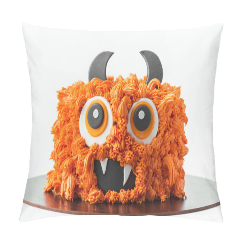 Personality  Monster Theme Cake On The White Background. Halloween Cake With Orange Fluffy Cream Cheese Frosting Isolated On White Pillow Covers