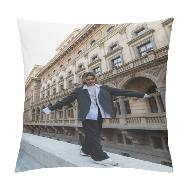 Personality  Full Length Of Curly African American Woman In Oversize Suit Walking With Outstretched Hands Near Building Of National Theater In Prague Pillow Covers