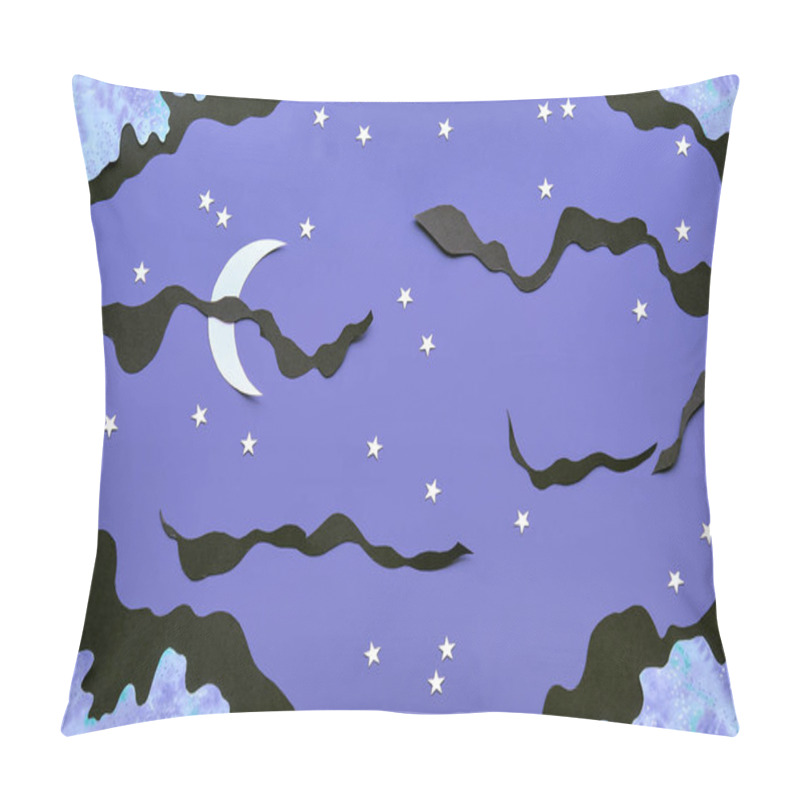 Personality  Night Background With Black Clouds, Moon And Stars Cut From Paper. Creative Top View. Concept Flat Lay For Quality Of Sleep Topic, Quiet Night Time With Sweet Dreams. Pillow Covers