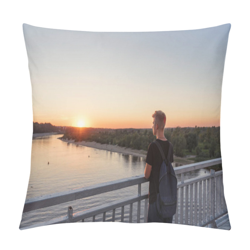 Personality  Young Guy Teenager Standing On Bridge Over River Water In Lifestyle Clothes Near Steel Railing And Looking Afar At Sunset Pillow Covers