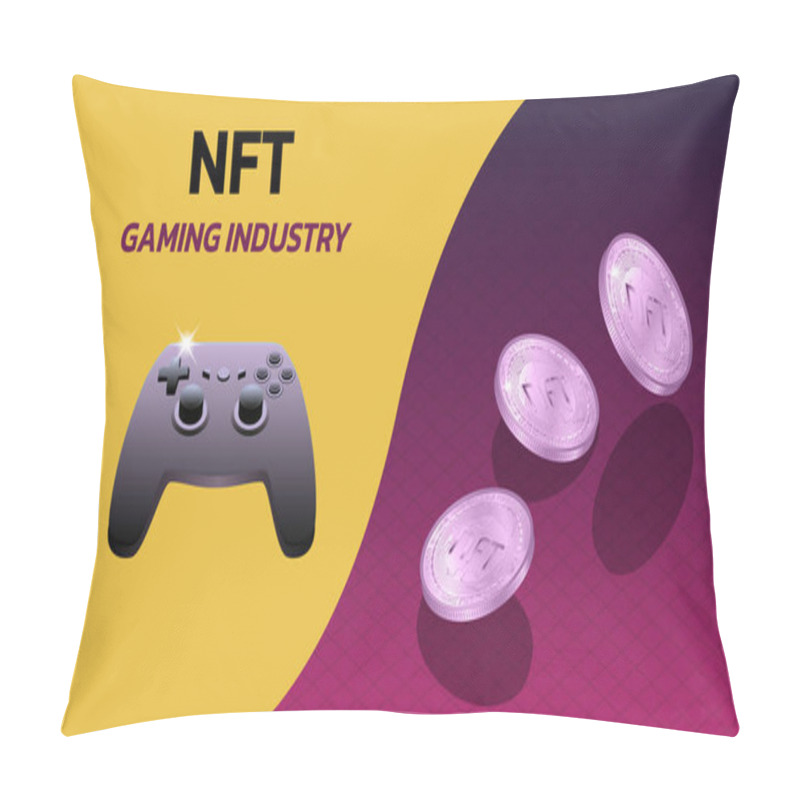 Personality  NFT Non Fungible Tokens Gaming Industry Banner With Game Console Gamepad And Isometric Falling Coins. Pay For Unique Collectibles In Games Or Art. Vector Illustration. Pillow Covers