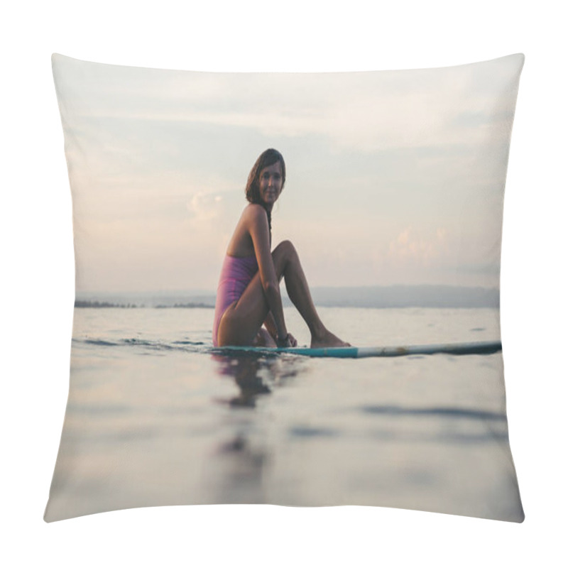 Personality  Beautiful Girl Sitting On Surfboard In Water In Ocean At Sunset Pillow Covers