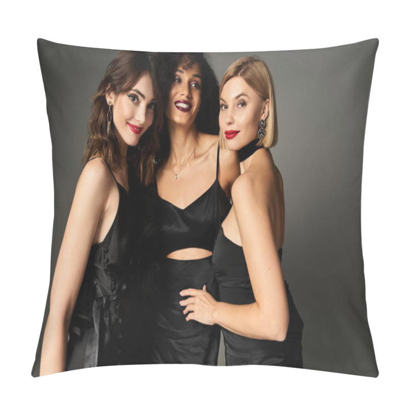 Personality  Three Young, Stunning Women Of Different Ethnicities Pose Gracefully In Matching Black Dresses On A Grey Backdrop. Pillow Covers