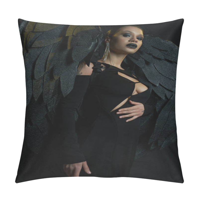 Personality  Dark Beauty, Tattooed Woman In Halloween Costume Of Winged Fallen Angel Looking At Camera On Black Pillow Covers