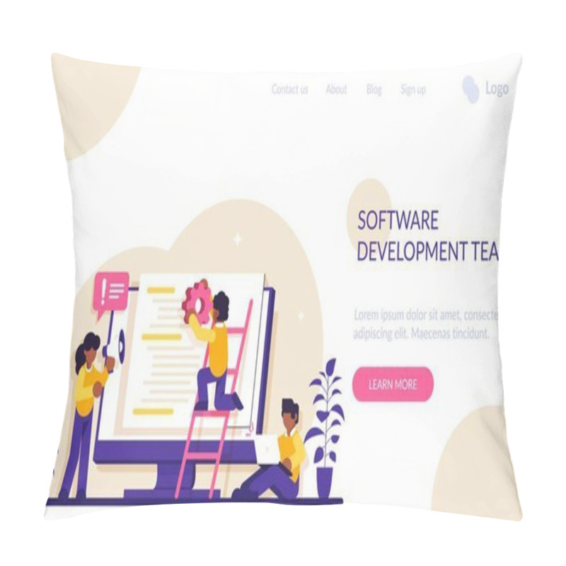 Personality  Software Development Team Concept. People Configure The Application. Back End Development. Software Development Process. Back-end Concept. Modern Flat Illustration. Pillow Covers