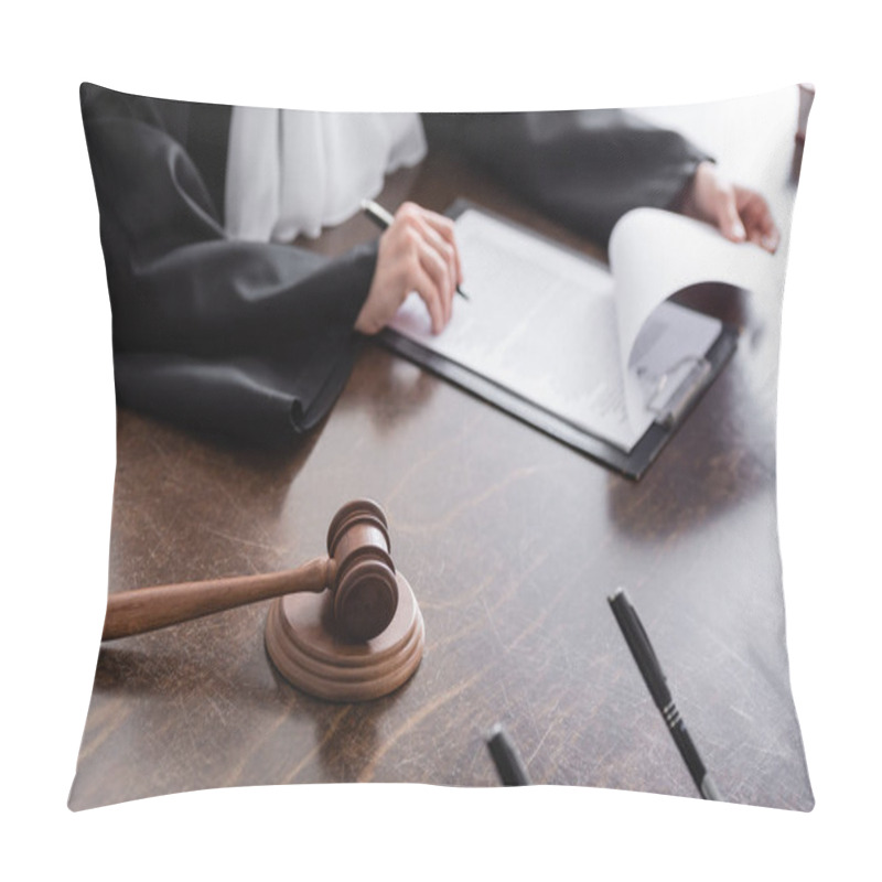 Personality  Selective Focus Of Wooden Gavel Near Cropped Judge And Clipboard With Verdict Pillow Covers