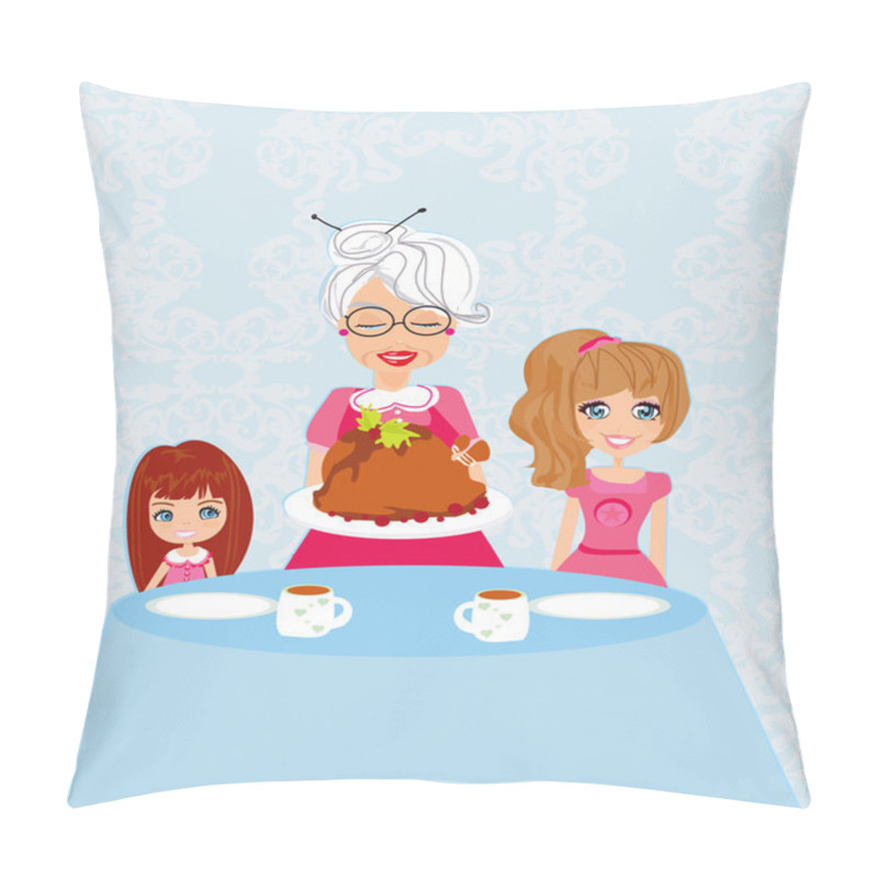 Personality  Grandma Bringing Thanksgiving Turkey To The Dinner Table Pillow Covers