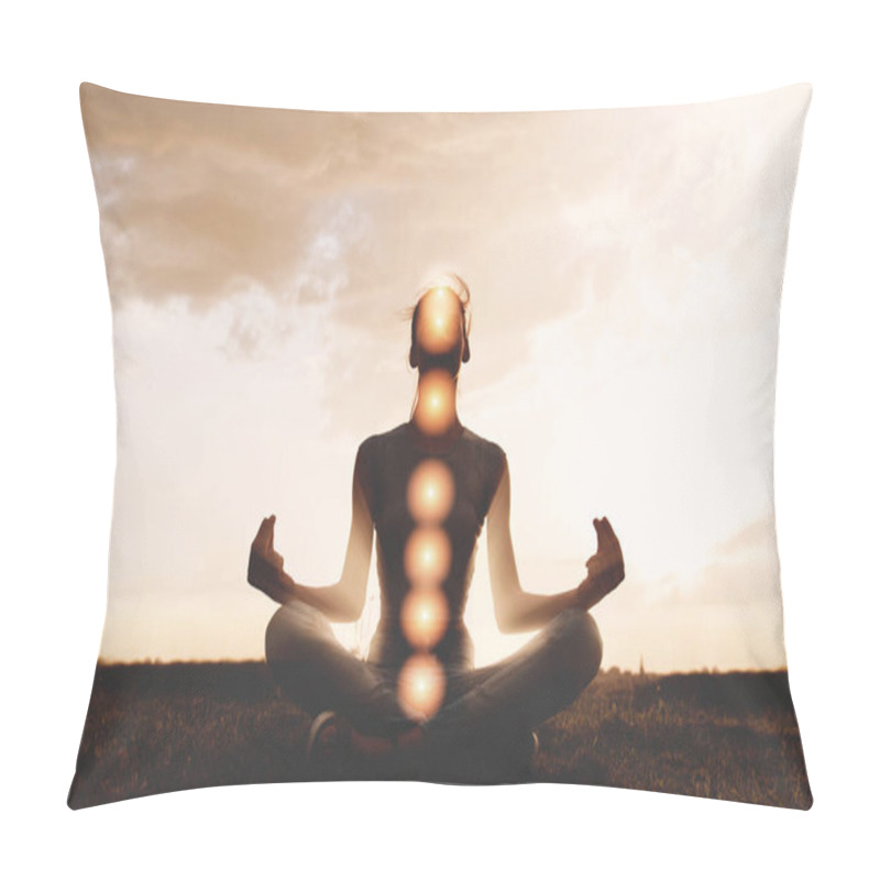 Personality  Woman Practicing Meditation In Sunset, With Chakras Marked Pillow Covers