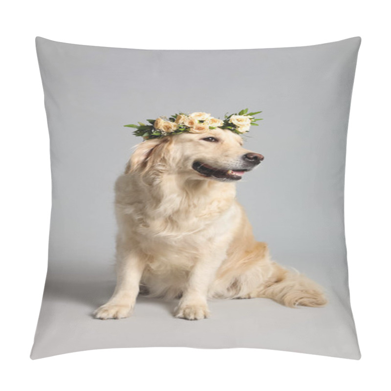 Personality  Adorable Golden Retriever Wearing Wreath Made Of Beautiful Flowers On Grey Background Pillow Covers