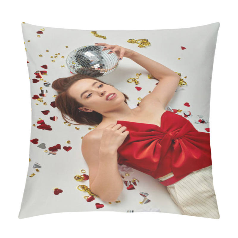 Personality  New Year Party, Young Brunette Woman With Disco Ball Lying On Floor Near Confetti On Grey Backdrop Pillow Covers