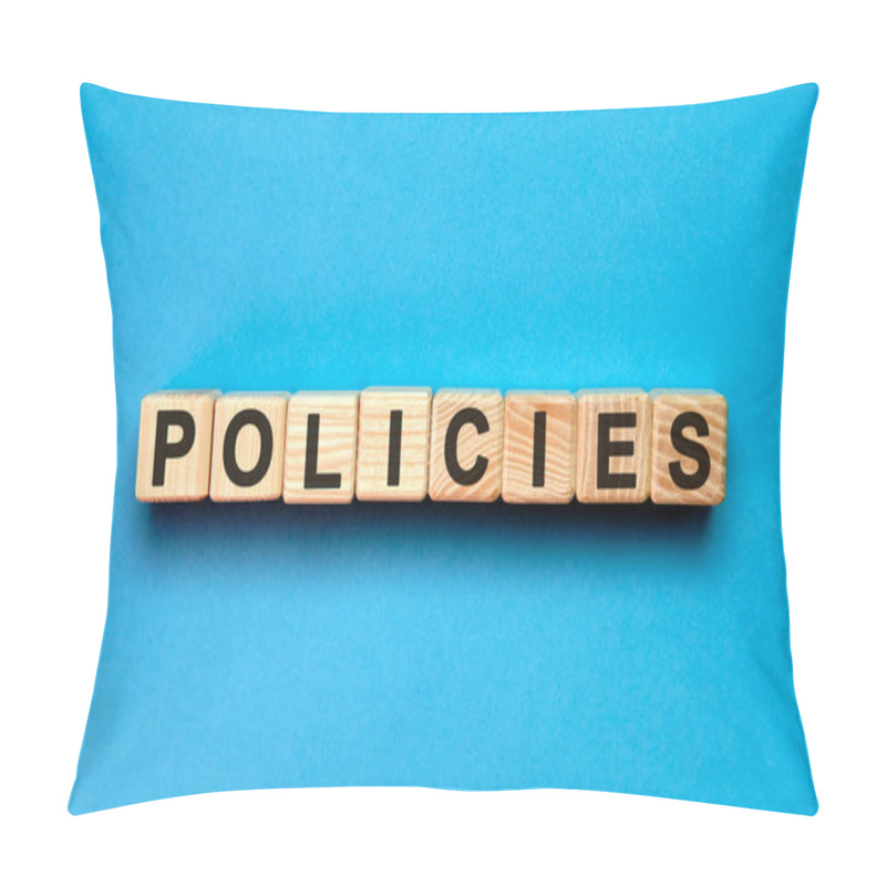 Personality  POLICIES Word Cube On A Blue Background. Medical Concept. Pillow Covers