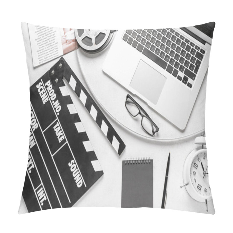 Personality  Movie Clapper With Film Reel, Eyeglasses And Laptop On White Background Pillow Covers