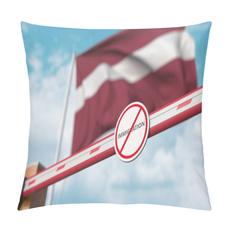 Personality  Barrier Gate With No Immigration Sign Being Closed With Flag Of Latvia As A Background. Latvian Restricted Border Crossing Or Immigration Ban. 3D Rendering Pillow Covers