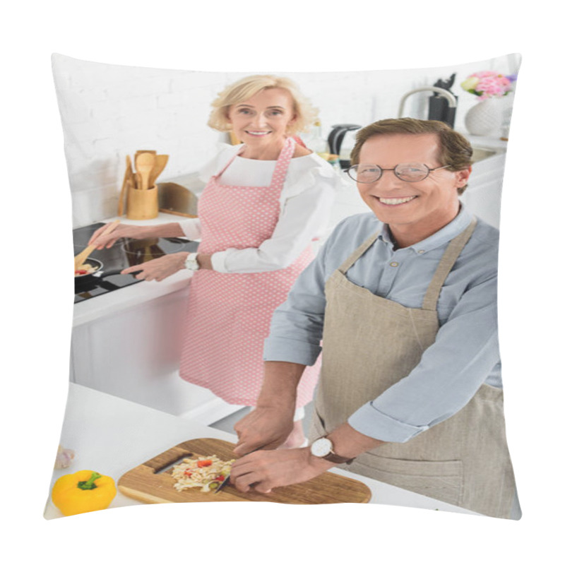 Personality  High Angle View Of Senior Couple Cooking Together At Kitchen And Looking At Camera Pillow Covers