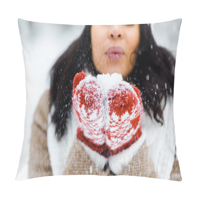 Personality  Cropped View Of Beautiful African American Woman Blowing Snow In Winter Forest And Looking At Snow Pillow Covers