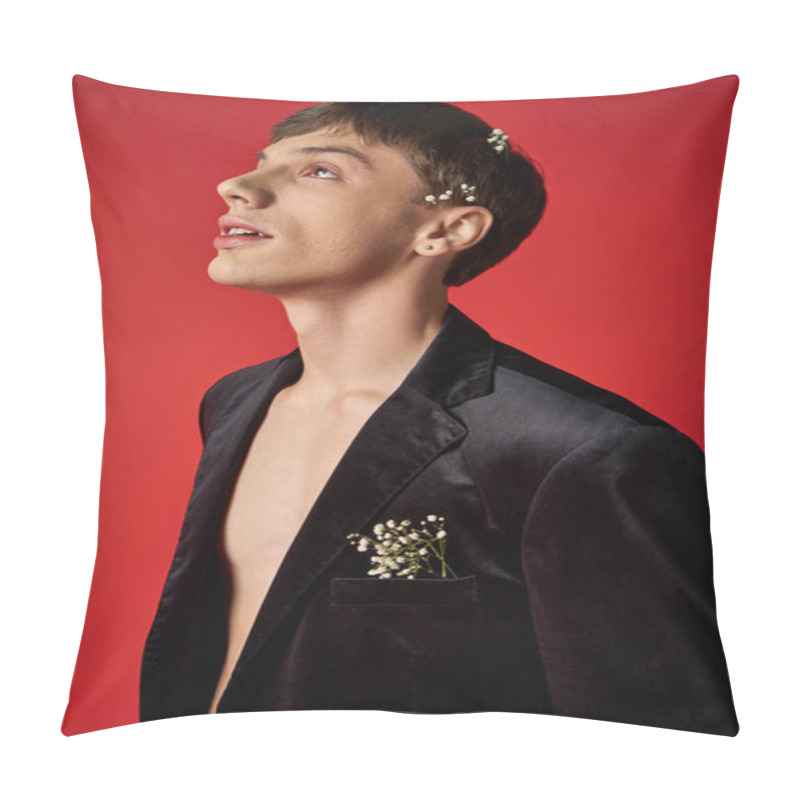 Personality  Dreamy Young Male Model In Velvet Blazer With Flowers In Hair Looking Up On Red Background Pillow Covers