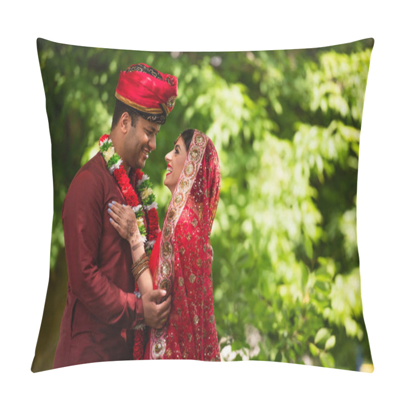 Personality  Happy Indian Man In Turban Hugging Joyful Bride With Mehndi In Sari And Headscarf  Pillow Covers