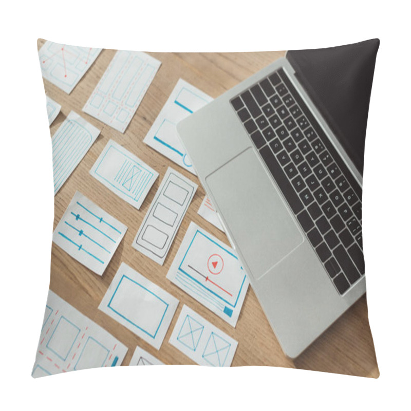 Personality  High Angle View Of Ux App Development Sketches And Laptop On Wooden Table Pillow Covers