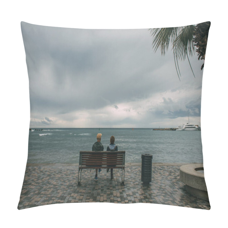 Personality  Back View Of Two People Sitting On Bench Near Sea  Pillow Covers