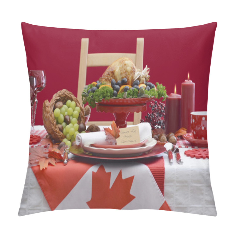 Personality  Thanksgiving Table Setting With Roast Turkey On Red White Backgr Pillow Covers