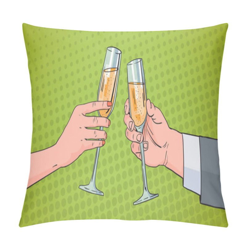 Personality  Couple Hands Clinking Glass Of Champagne Wine Toasting Pop Art Retro Pin Up Background Pillow Covers