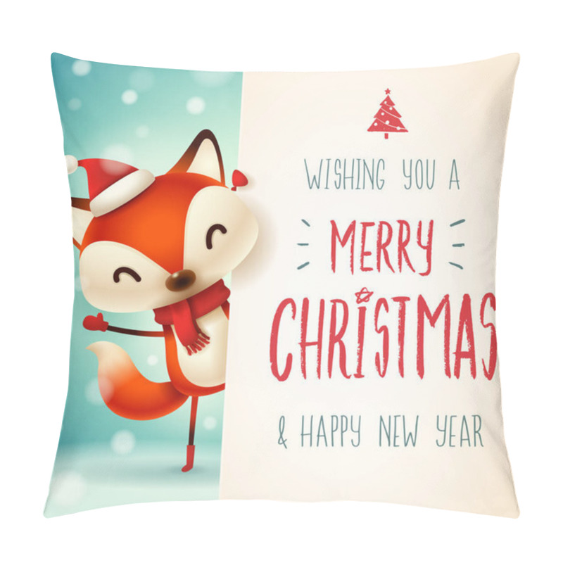 Personality  Cute Little Fox With Big Signboard. Merry Christmas Calligraphy Lettering Design. Creative Typography For Holiday Greeting. Pillow Covers