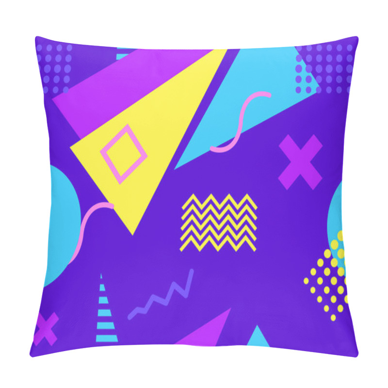 Personality  Memphis Seamless Pattern With Geometric Shapes In The Style Of The 80s. Multi-colored Triangles, Circles And Zigzags For Promotional Products, Wrapping Paper And Printing. Vector Illustration Pillow Covers