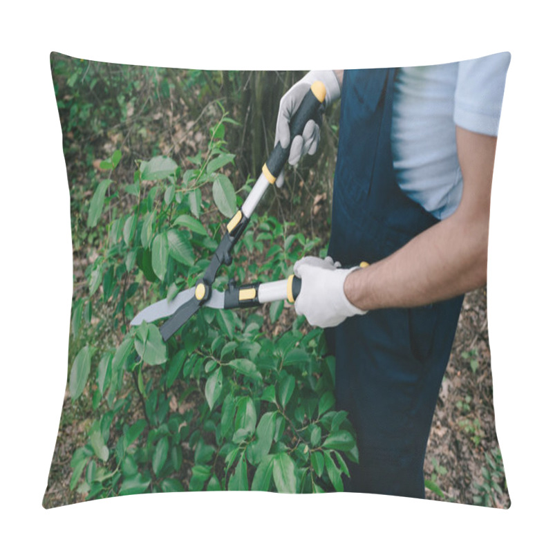 Personality  Cropped View Of Gardener In Overalls Cutting Bushes With Trimmer In Park Pillow Covers