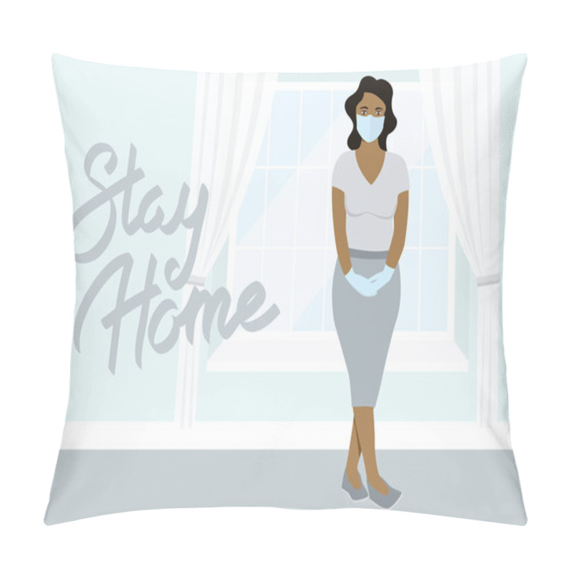 Personality  Coronavirus Vector Quarantine Concept. Stay Home. Woman With Mask On Her Face. Woman Stay Home Pillow Covers