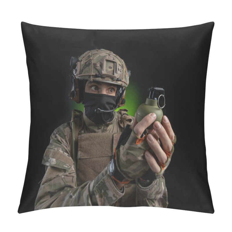 Personality  A Male Soldier In Military Clothes With A Weapon On A Dark Background Pillow Covers