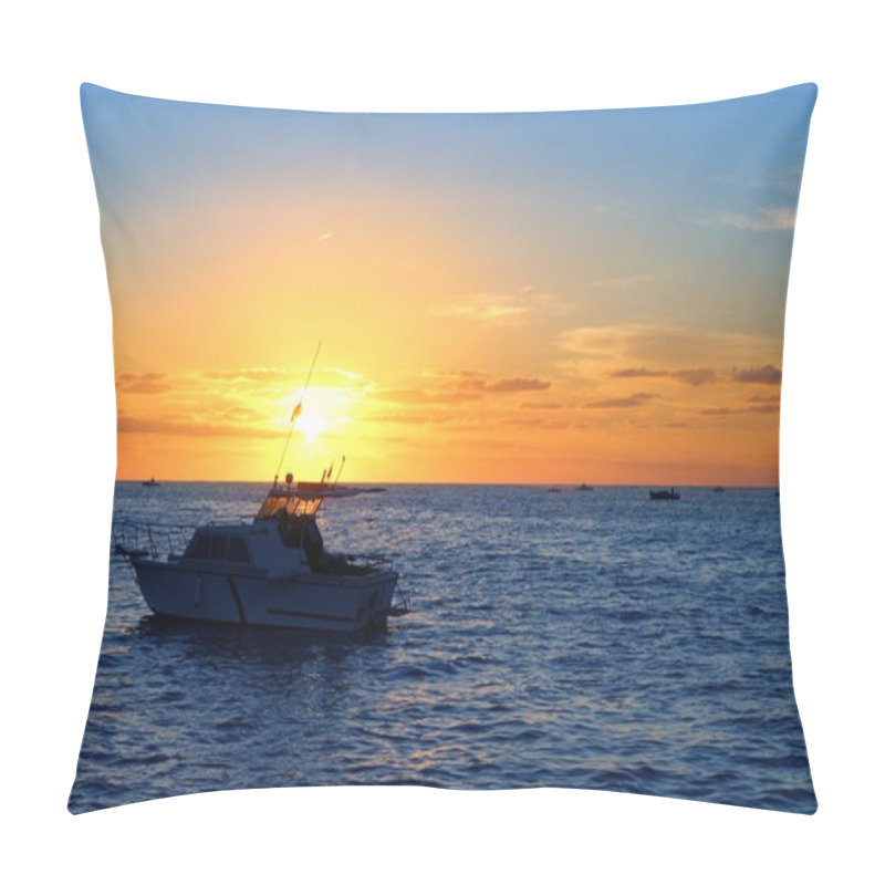 Personality  Sunrise Fishing Boat Blue Sea Orange Sky Pillow Covers