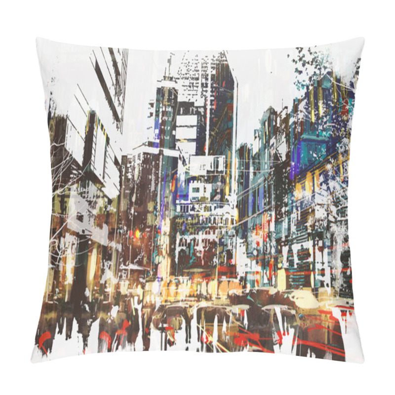 Personality  People Walking In City With Abstract Grunge Painting Pillow Covers