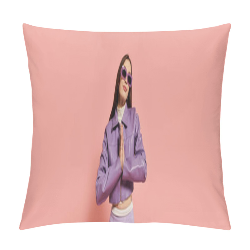 Personality  A Stylish Woman Confidently Poses In Her Trendy Purple Outfit. Pillow Covers