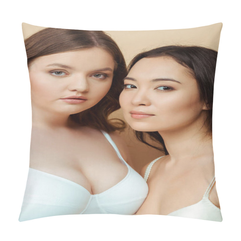 Personality  Beautiful Overweight Woman And Asian Girl In Underwear Isolated On Beige, Body Positive Concept  Pillow Covers