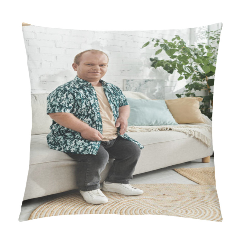 Personality  A Man With Inclusivity In A Floral Shirt Is Sitting On A White Sofa. Pillow Covers