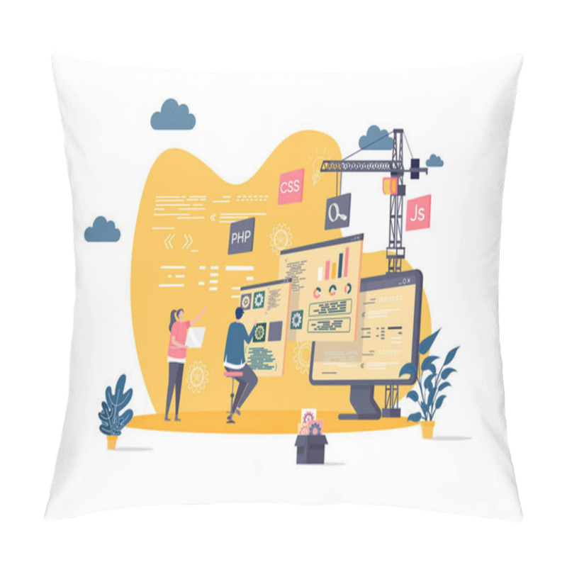 Personality  Web Development Concept In Flat Style. Developers Team Construct Web Application Scene. Full Stack Development, Software Engineering, Design And Programming. Vector Illustration With People Characters Pillow Covers