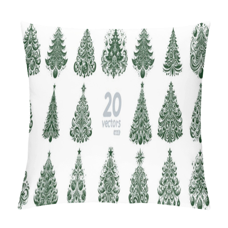 Personality  Collection Of Elegant Vector Christmas Tree Designs In Deep Green Featuring Intricate Swirls Pillow Covers