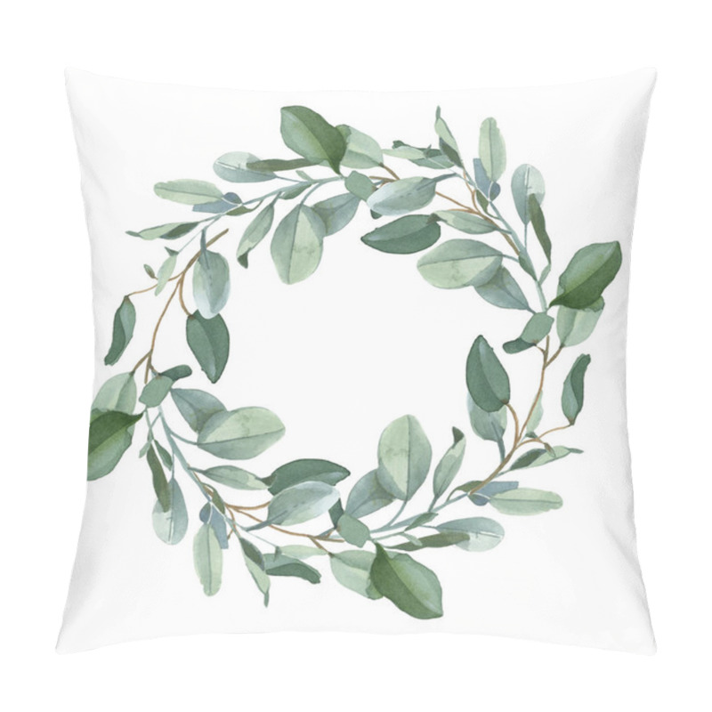 Personality  Watercolor Illustration. Wreath Of Green Eucalypt Leaves Isolated On White Background For Wedding And Greeting Cards In Boho Or Rustic Style Pillow Covers