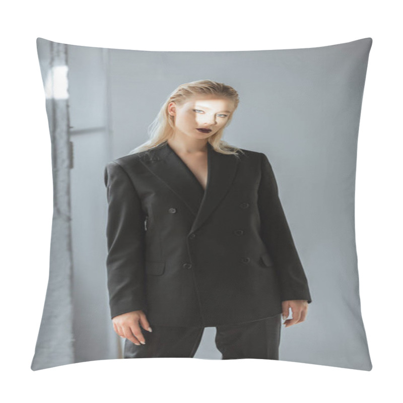 Personality  Stylish Model Posing In Formal Wear With Light Beam On Face On Grey Pillow Covers