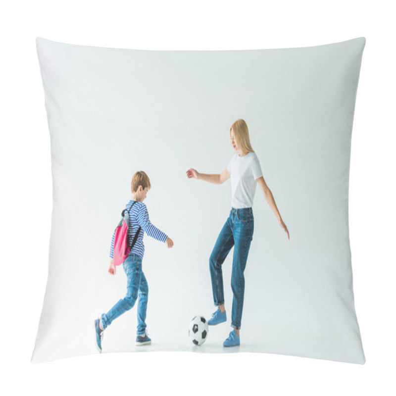 Personality  Mother And Son With Backpack Playing Football On White Pillow Covers