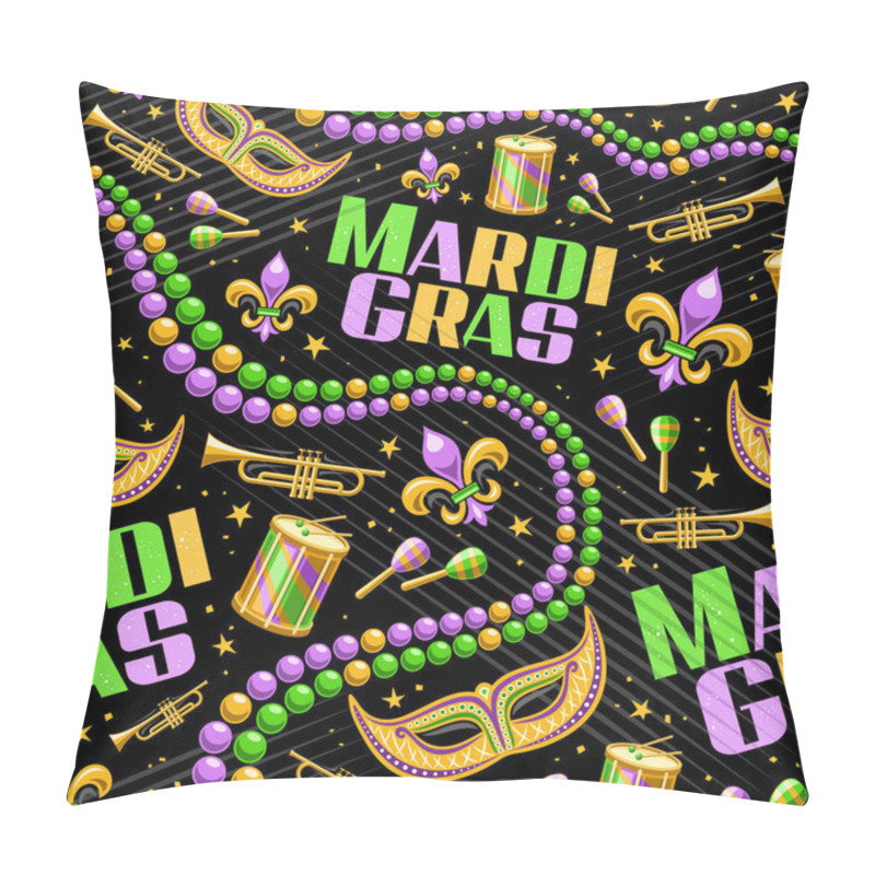 Personality  Vector Mardi Gras Seamless Pattern, Repeat Background With Illustrations Of Fleur De Lys Symbol, Venice Mask, Colorful Beads, Music Instruments, Text Mardi Gras On Black Background For Wrapping Paper Pillow Covers