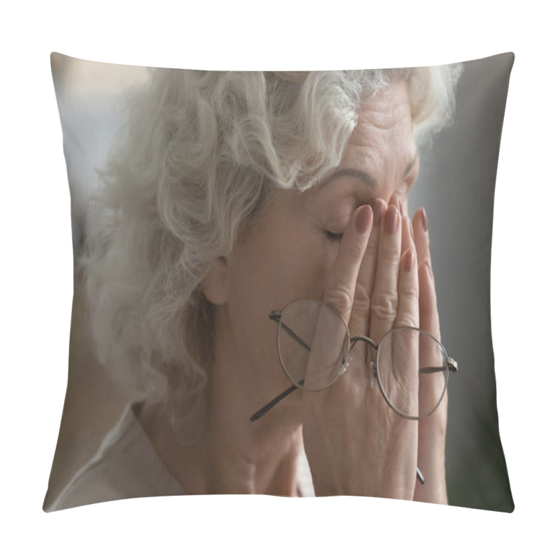 Personality  Exhausted Senior Female Suffer From Blurry Vision Pillow Covers